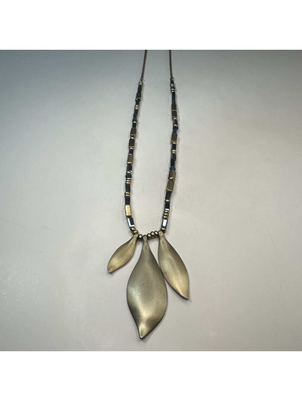 Lane Bryant Long Beaded Leaf Pendant Necklace Gold Blue Teacher Jewelry